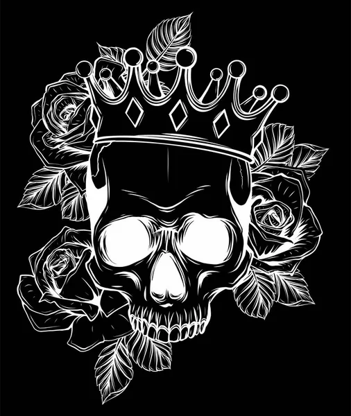 Vektor illustration mänsklig död skalle i krona med rosor i svart bakgrund — Stock vektor