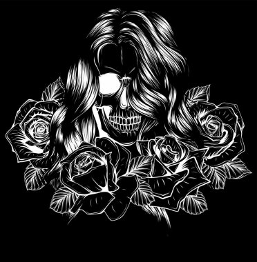 Vektör Siyah ve Beyaz Kadın Kafatası İllüstrasyonu