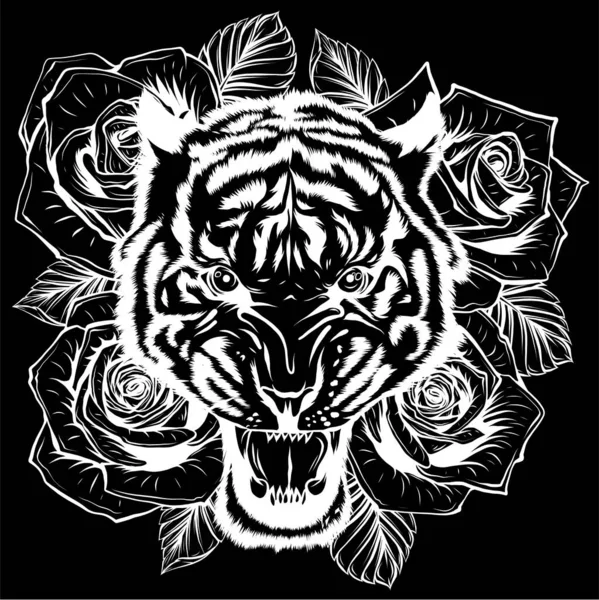 Illustration vectorielle de la tête de tigre rugissante et des roses en fond noir — Image vectorielle