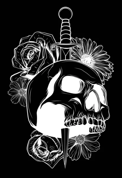 Koponya és virágok fekete háttérben, Vektor illusztráció — Stock Vector