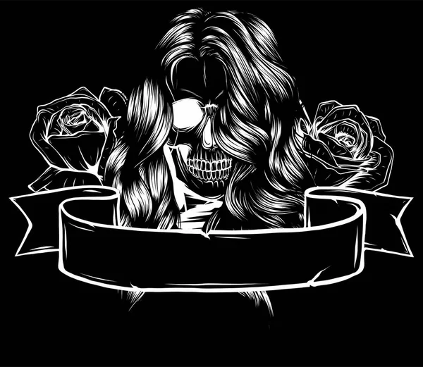 Belle tête de femme avec des roses décoration vectorielle illustration design en arrière-plan noir — Image vectorielle