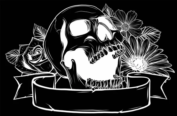 Calavera y flores en fondo negro, ilustración vectorial — Vector de stock