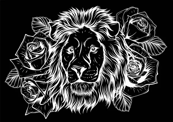 La cabeza de un león en un ornamento de flores en fondo negro — Vector de stock