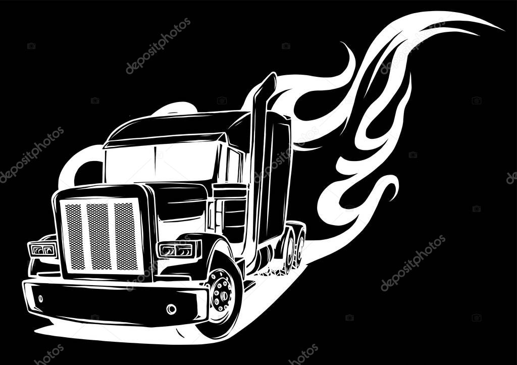 Cartoon semi truck in black background vector illustration