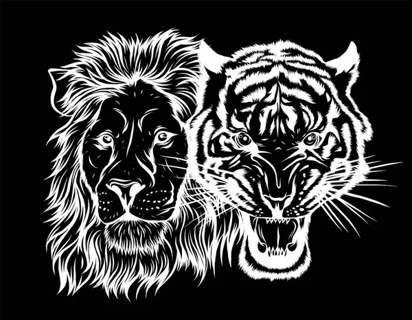 Kombinerade ansikten av lejon och tiger i svart bakgrund — Stock vektor