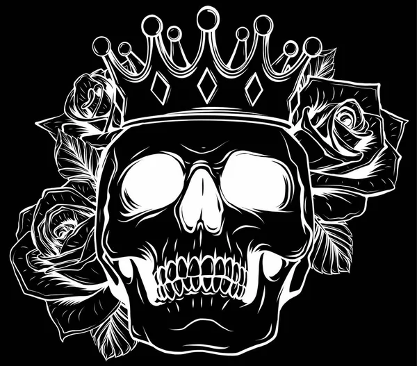 Ilustración vectorial cráneo de muerte humana en corona con rosas en fondo negro — Archivo Imágenes Vectoriales
