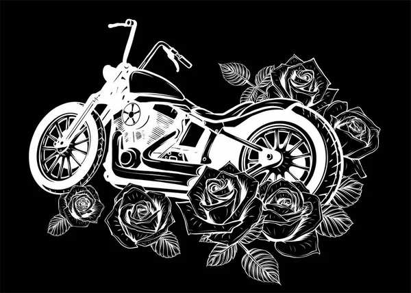 Moto vélo vecteur avec des roses en arrière-plan noir — Image vectorielle
