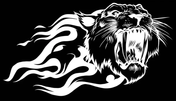จากัวร์หรือหัวนักล่าเสือภูเขา เปลวไฟในพื้นหลังสีดํา รูปแบบเวกเตอร์ . — ภาพเวกเตอร์สต็อก