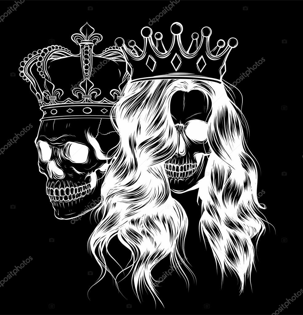 King and queen of death. Portrait of a skull with a crown.
