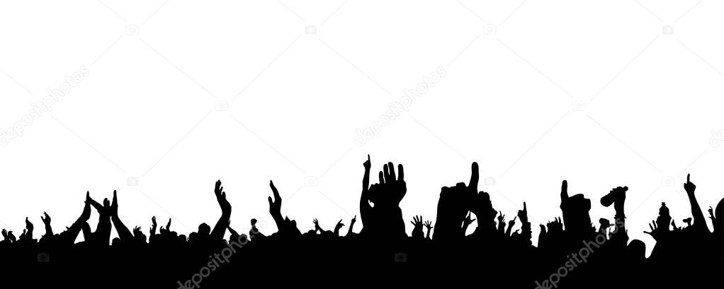 Hands at the concert, silhouettes against stage lighting. Isolated on white background.