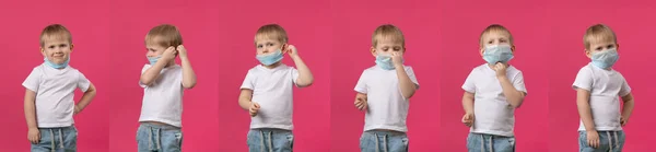 코로나 바이러스로부터 보호하기 의학용 마스크를 방법에 가이드는 분홍색 스튜디오에서 금발의 — 스톡 사진