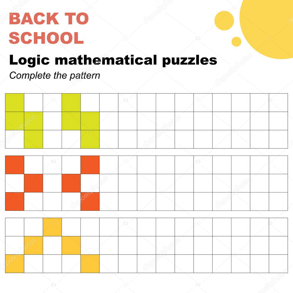 Complete the patterns, mathematical logic puzzles worksheet. Easy worksheet, for children in preschool, elementary and middle school.