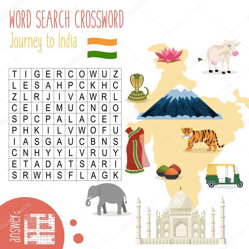 Crucigrama fácil 'Viaje a la India', para niños en la escuela primaria y media. Divertida manera