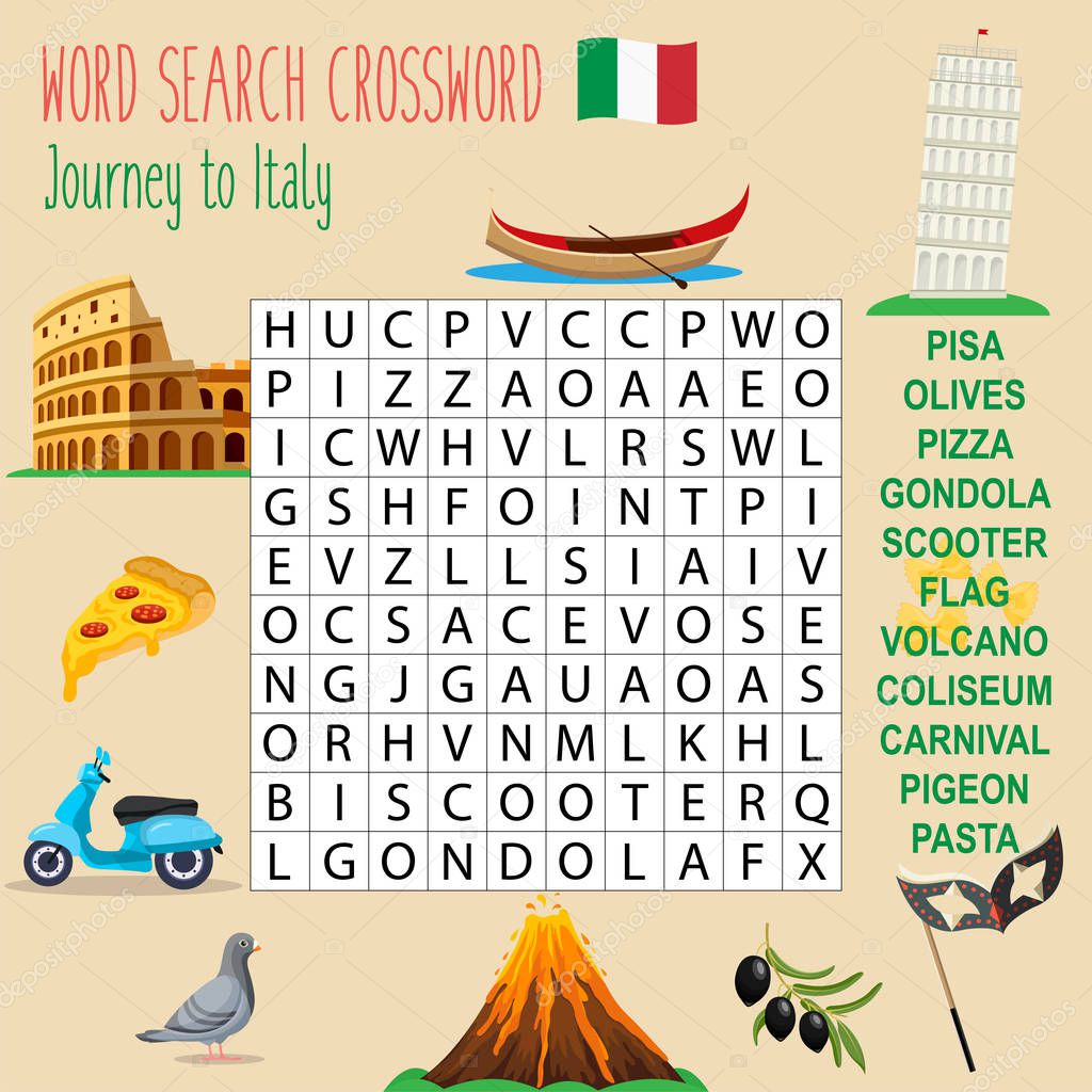 Easy word search crossword puzzle 'Journey to Italy', for children in elementary and middle school. Fun way to practice language comprehension and expand vocabulary. Includes answers. Vector illustration.