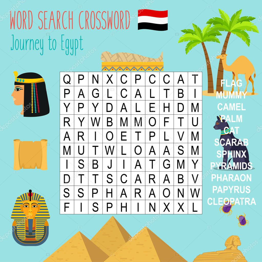 Easy word search crossword puzzle 'Journey to Egypt', for children in elementary and middle school. Fun way to practice language comprehension and expand vocabulary. Includes answers. Vector illustration.