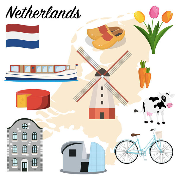 Netherlands set. Canal boat, cheese, windmill, clogs, tulips, bicycle and museum. cartoon vector illustration