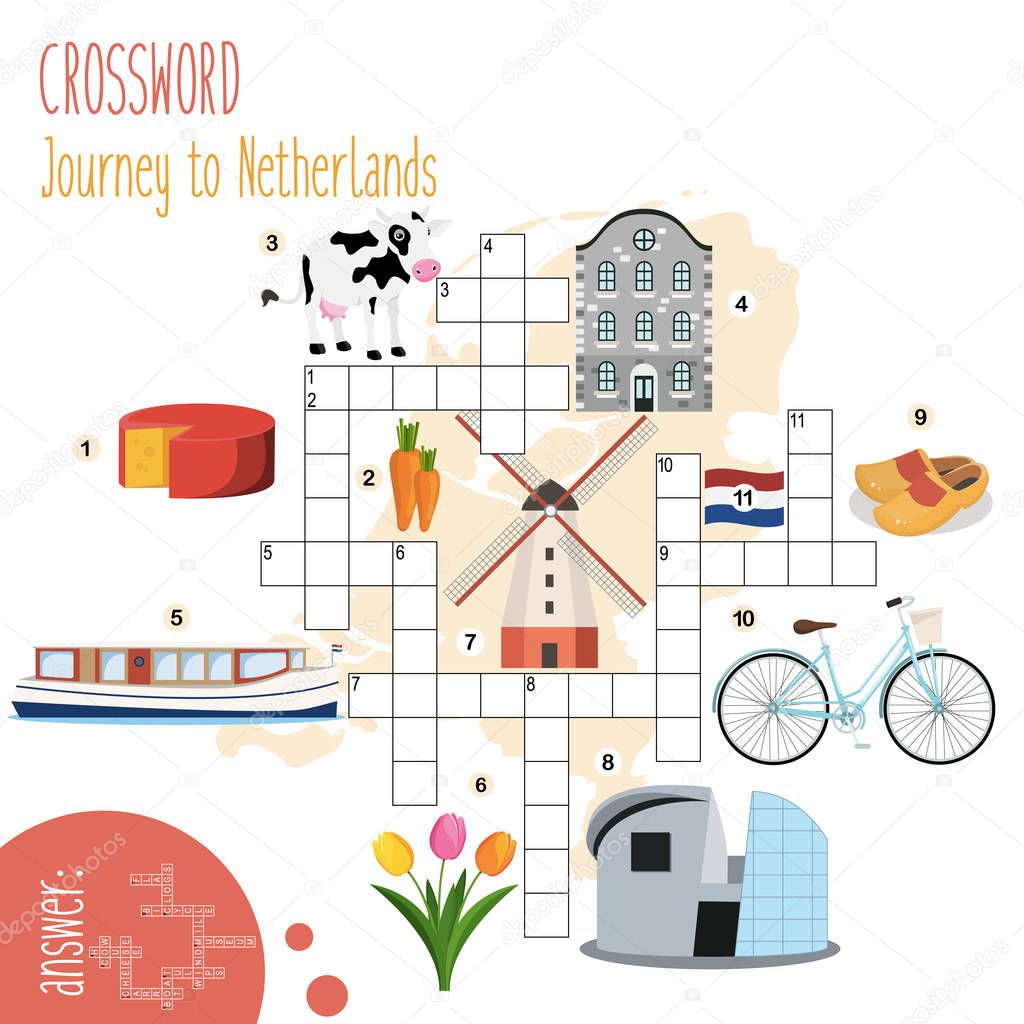 Easy crossword puzzle 'Journey to Netherlands', for children in elementary and middle school. Fun way to practice language comprehension and expand vocabulary.Includes answers. Vector illustration.