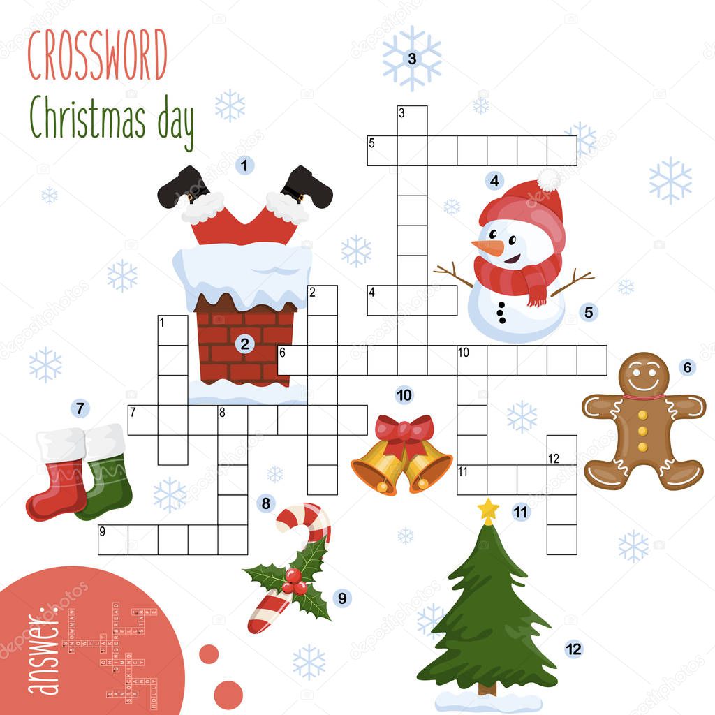 Easy crossword puzzle 'Christmas day', for children in elementary and middle school. Fun way to practice language comprehension and expand vocabulary.Includes answers. Vector illustration.