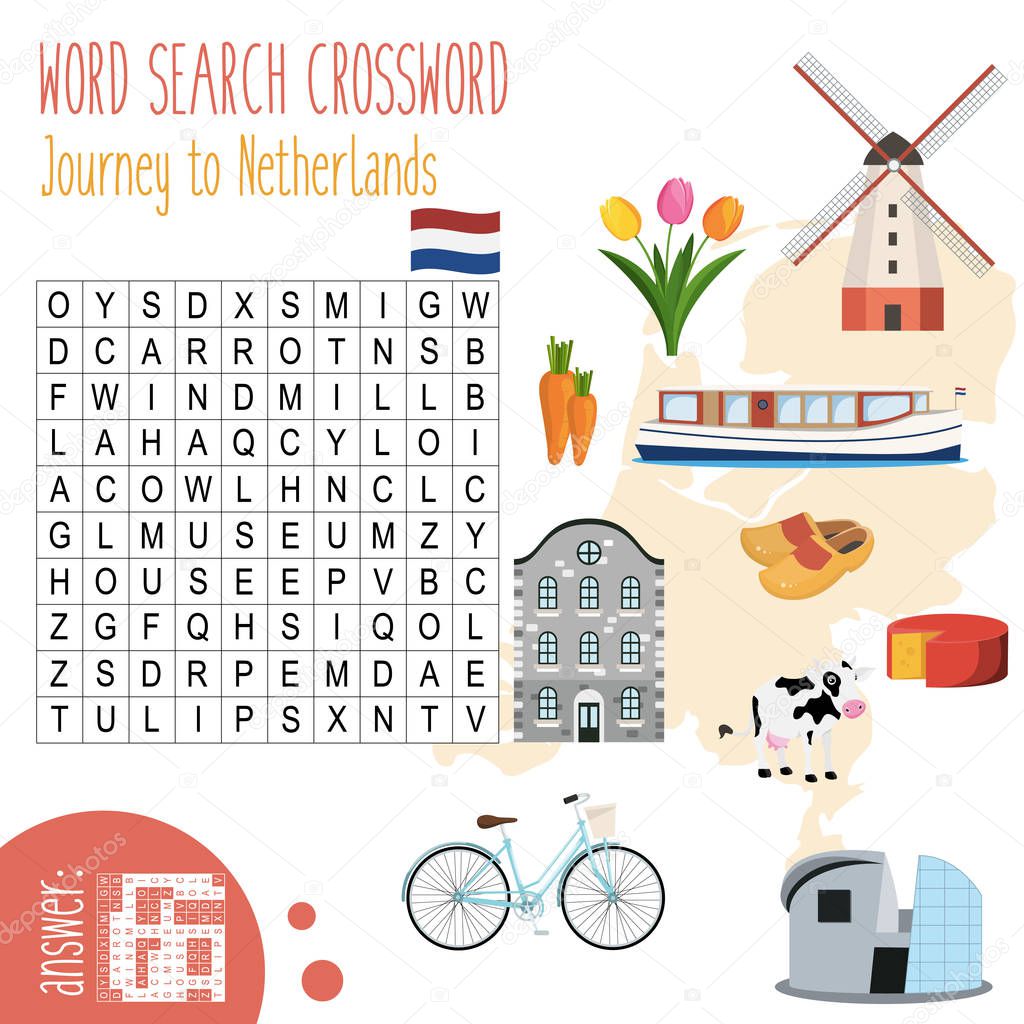Easy crossword puzzle 'Journey to Netherlands', for children in elementary and middle school. Fun way to practice language comprehension and expand vocabulary. Includes answers. Vector illustration.