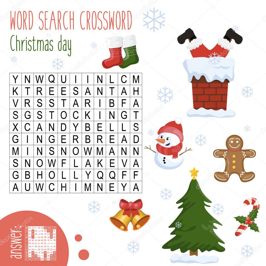Easy word search crossword puzzle 'Christmas day', for children in elementary and middle school. Fun way to practice language comprehension and expand vocabulary.Includes answers. Vector illustration.