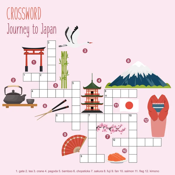 Facile Cruciverba Viaggio Giappone Bambini Delle Elementari Medie Modo Divertente — Vettoriale Stock