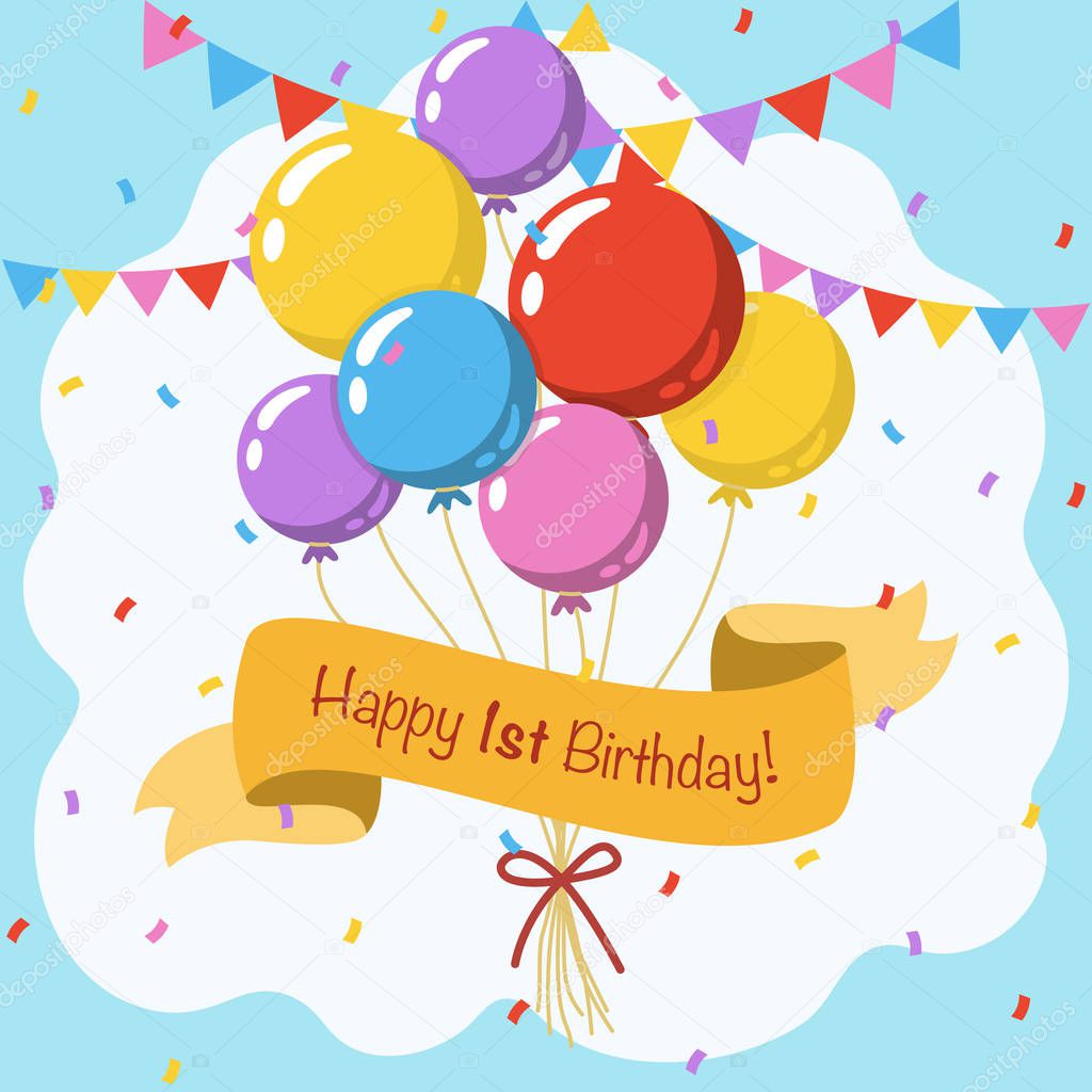 Happy 1st birthday, colorful vector illustration greeting card with balloons, ribbon, confetti and garlands decoration