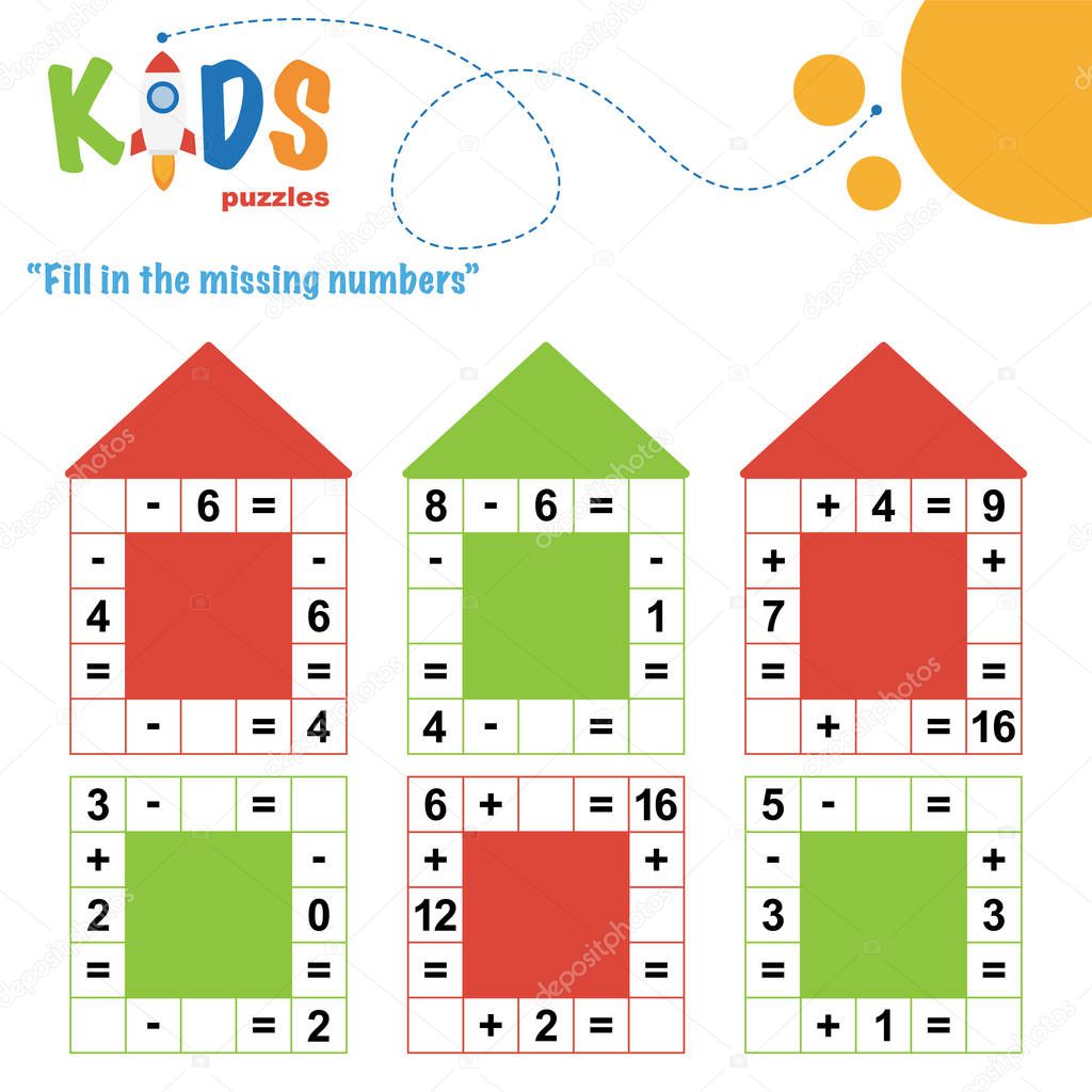 Fill in the missing numbers. Easy colorful math crossword puzzles for preschool, elementary and middle school kids. 