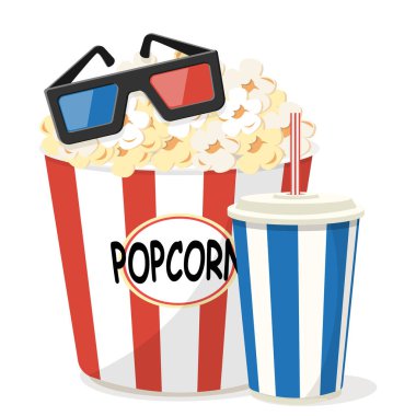 3 boyutlu bardaklar, patlamış mısır ve soda.. 