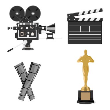 Görüntü yönetmenliği unsurları - klasik kamera, klaket, film kaseti ve ödül. 