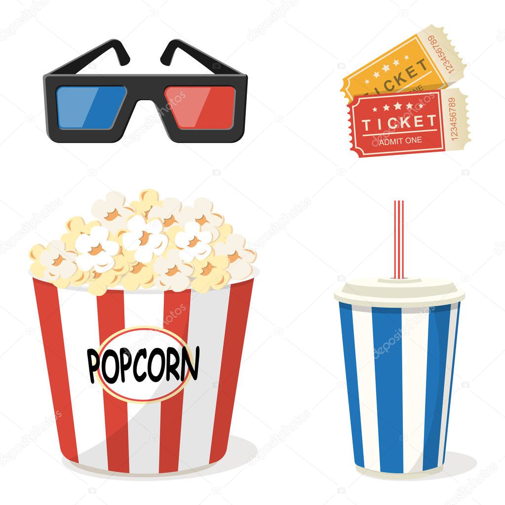 Set of cinematography elements - 3d glasses, tickets, popcorn and soda. 