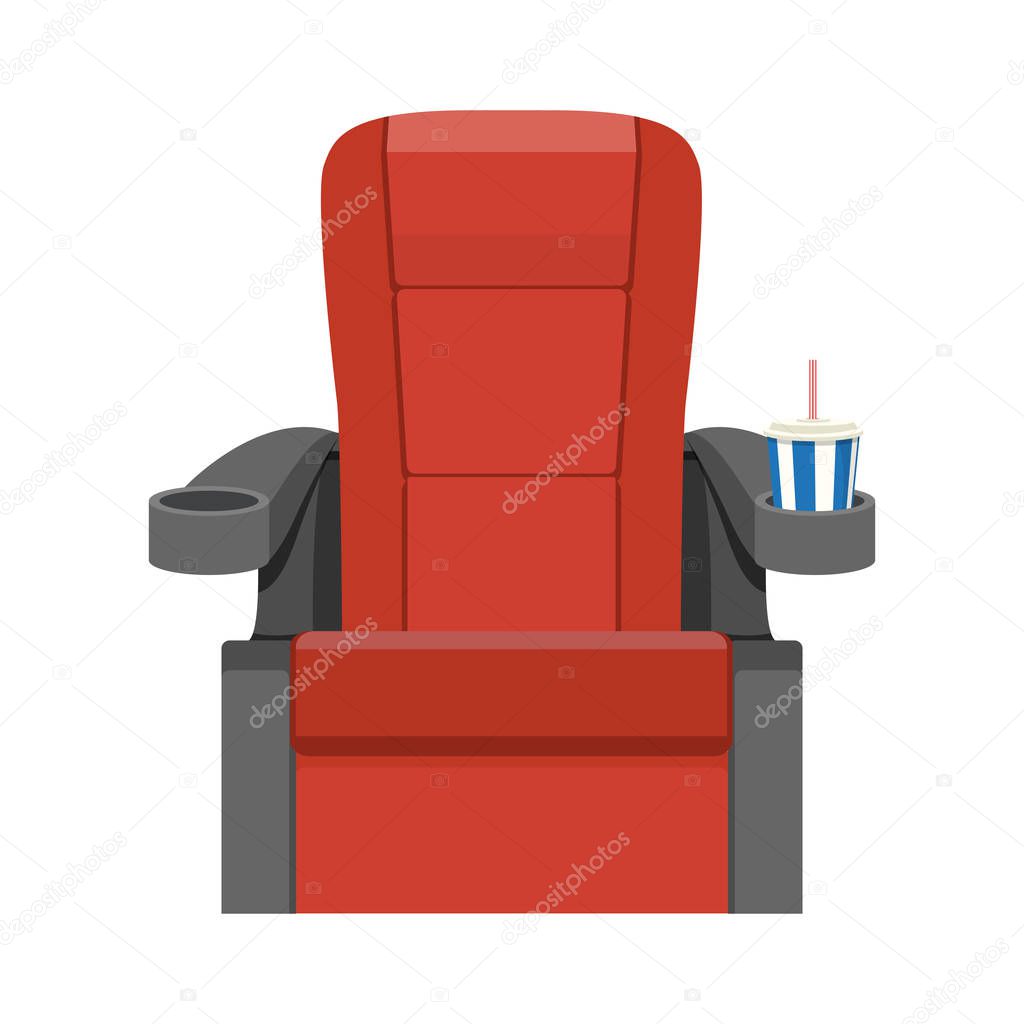 Cinema red velvet seats armchair with soda drink.