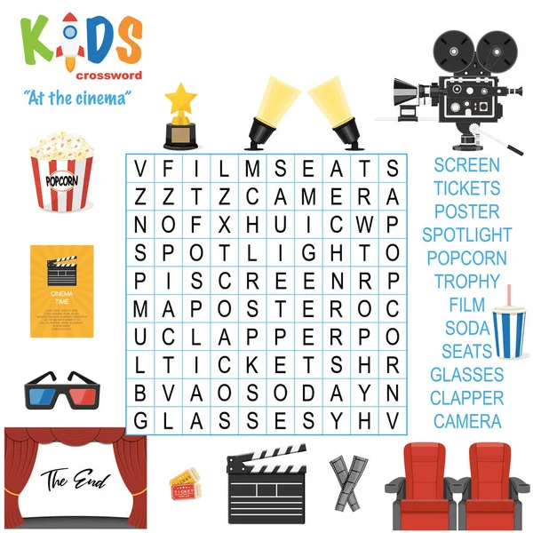 簡単単語検索クロスワードパズル 映画館で 小学校 中学校の子供たちのために 言語理解を練習し 語彙を拡大する楽しい方法 答えが含まれる — ストックベクタ