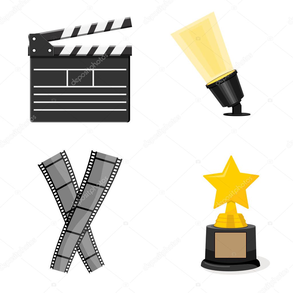 Set of cinematography elements - spotlight, clapperboard, film tape and trophy award. 