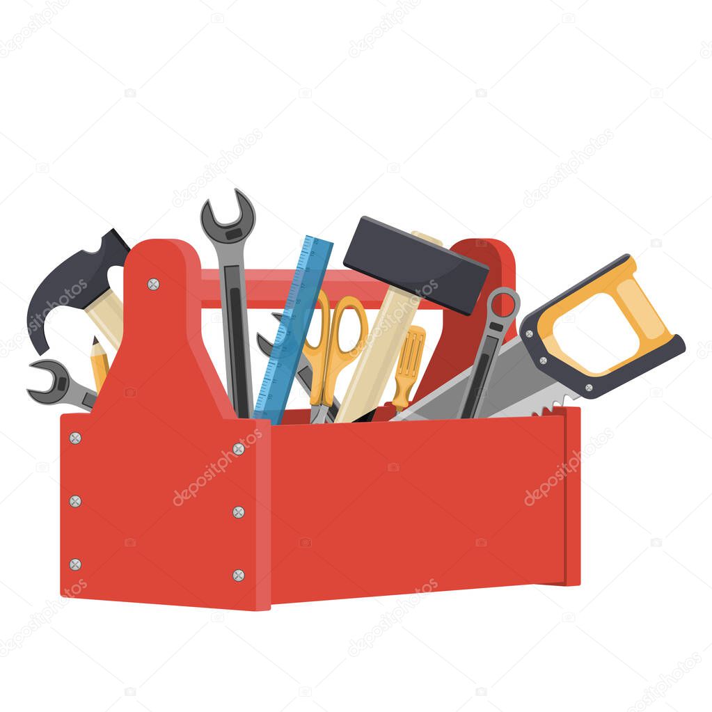 Cartoon red toolbox with saw, scissors, hammers, screwdriver, wrench ... . Vector illustration