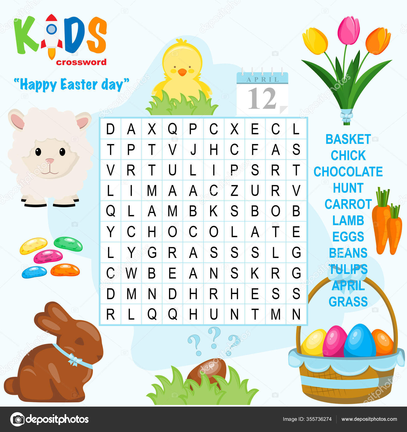 Легкий Поиск Слов Кроссворд 'Happy Easter Day' Детей Начальной.