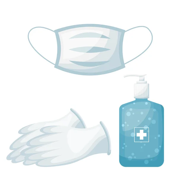 Personal Hygiene Set Facial Mask Medical Gloves Hand Sanitizer Vector — Stock Vector