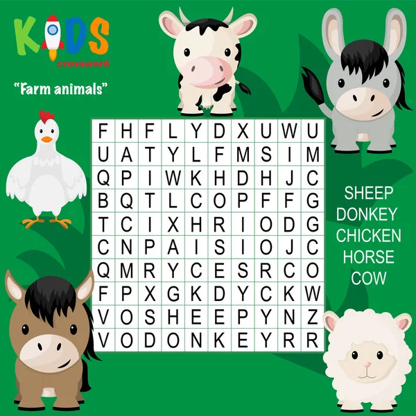 Easy Word Search Crossword Puzzle Farm Animals Children Elementary Middle — Stock Vector