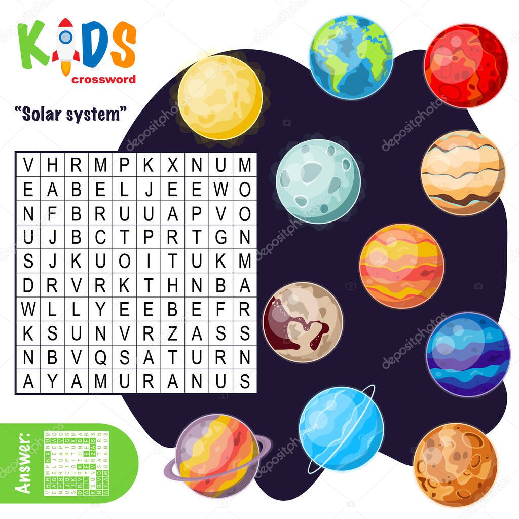 Easy word search crossword puzzle 'Solar system', for children in elementary and middle school. Fun way to practice language comprehension and expand vocabulary. Includes answers.