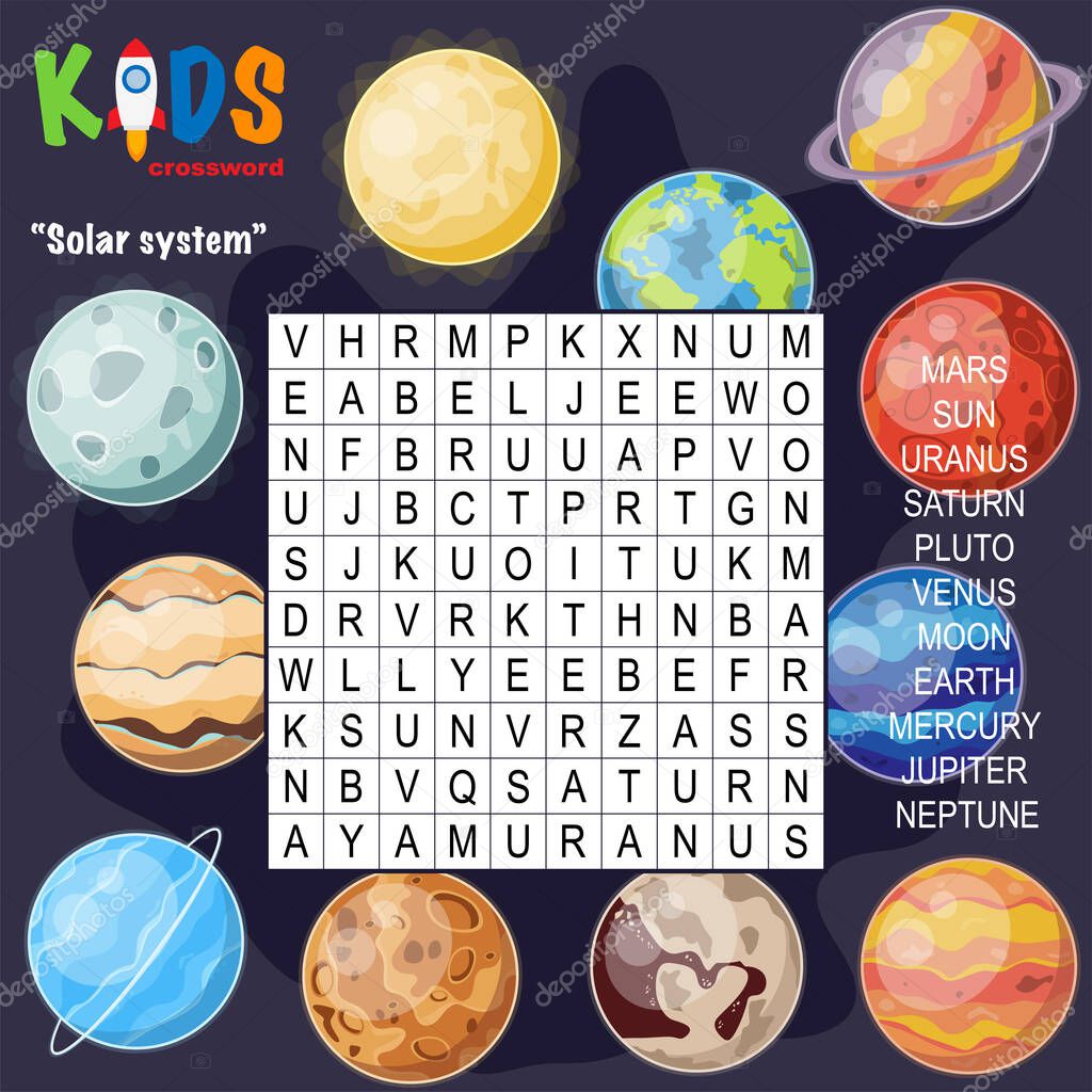 Easy word search crossword puzzle 'Solar system', for children in elementary and middle school. Fun way to practice language comprehension and expand vocabulary. Includes answers.