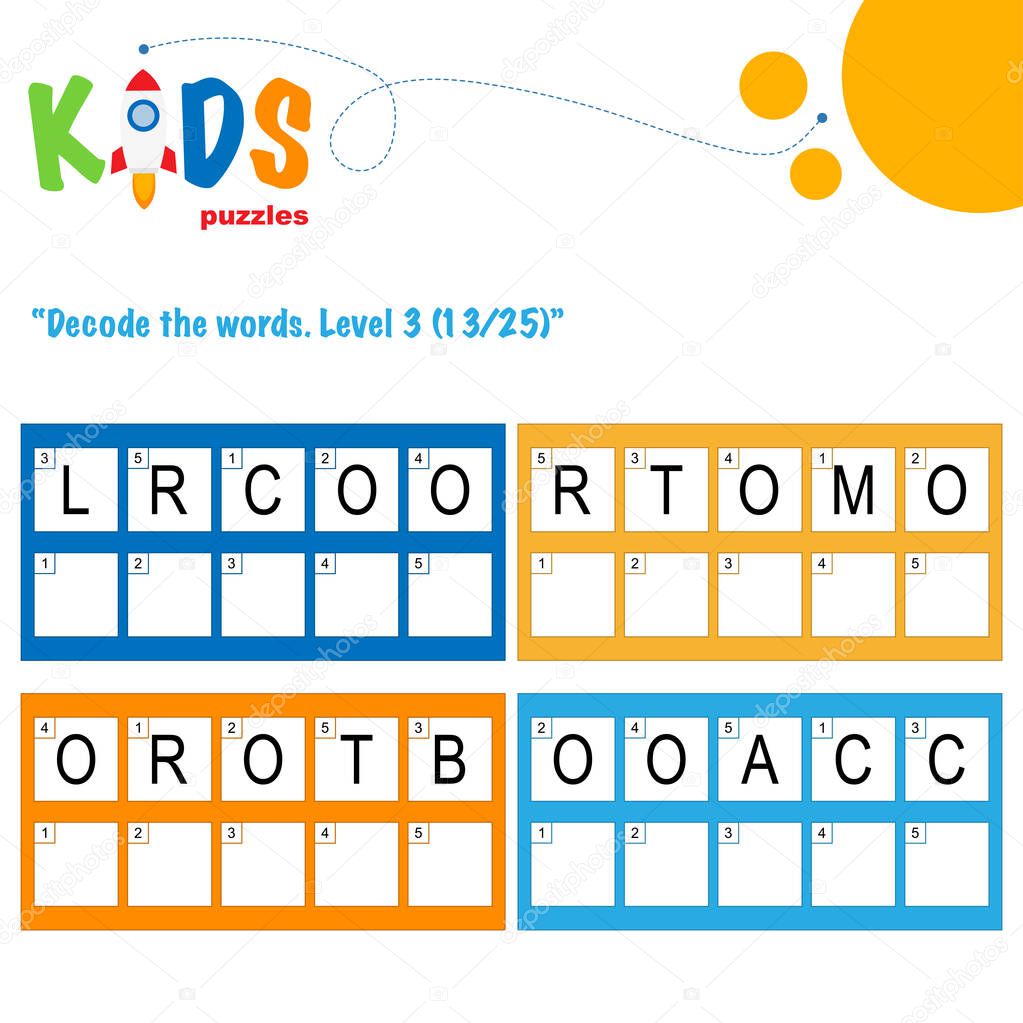 Decode the 5-letter words. Worksheet practice for preschool, elementary and middle school kids. Fun logic puzzle activity sheet.