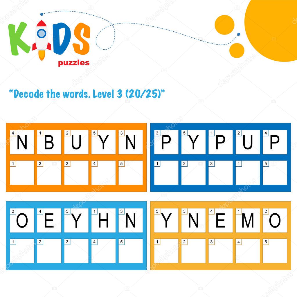 Decode the 5-letter words. Worksheet practice for preschool, elementary and middle school kids. Fun logic puzzle activity sheet.