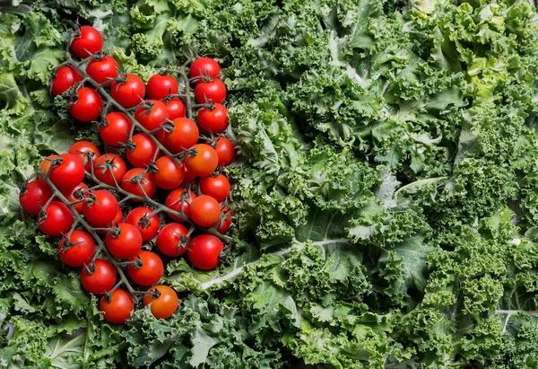 Background with kale and cherry tomatoes on it — Stock Photo, Image