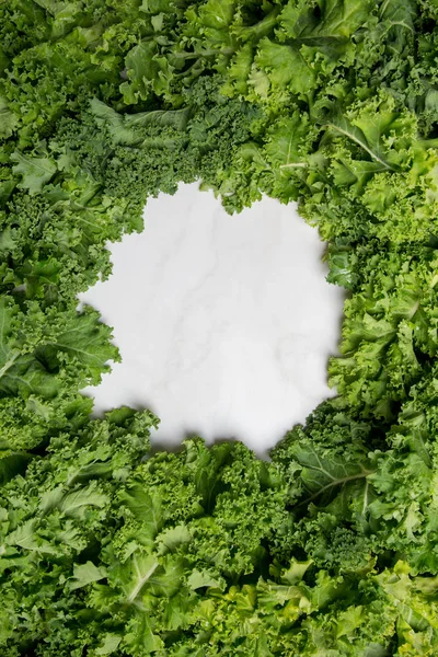 Vrije ruimte cirkel met groene salade op achtergrond — Stockfoto