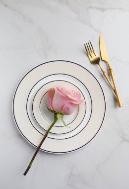 Gümüş tabakta pembe bir gül.