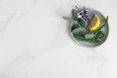 Sağlıklı yağ için gerekli malzemelerle dolu boş bir alan. Gri tabakta limon, okaliptüs, lavanta ve diğer tezler vardı.