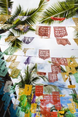 Meksika 'nın Sayulita kasabasını süsleyen renkli Meksika bayrakları