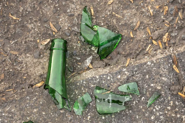 Broken glass bottle of beer on the sidewalk. Urban pollution by glass. Environmental vandalism. Broken glass on asphalt.