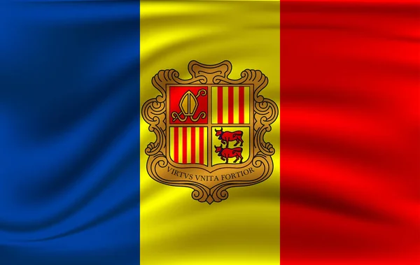 Realistic waving flag of the Andorra. Fabric textured flowing flag,vector EPS10 — Stock Photo, Image