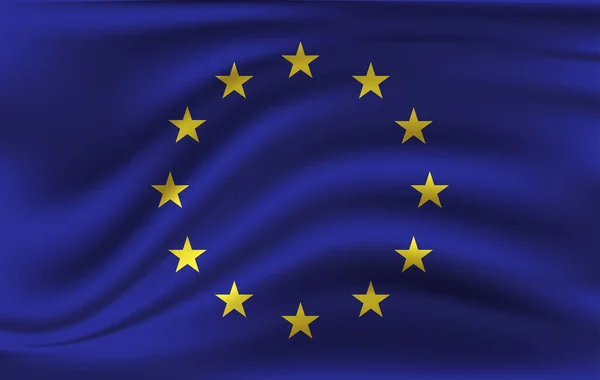 La bandera de la Unión Europea ondeaba al viento. Cosido con trozos de tela, banderas detalladas muy realistas ondeando en el viento, con la textura del material . — Vector de stock