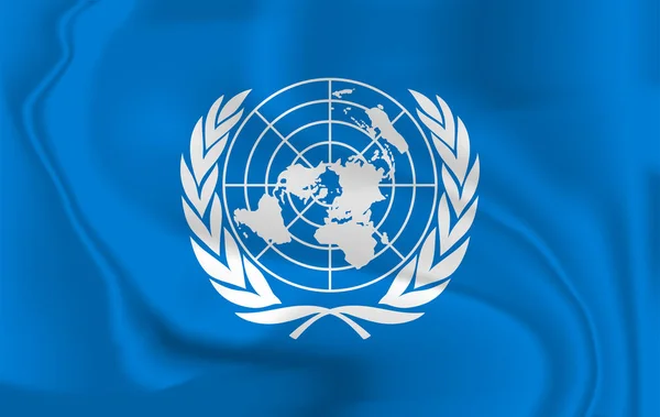 Флаг ООН, дующий по ветру изолирован. Официальный патриотический абстрактный дизайн. 3D-рендеринг с изображением символа махания знаком . — стоковый вектор